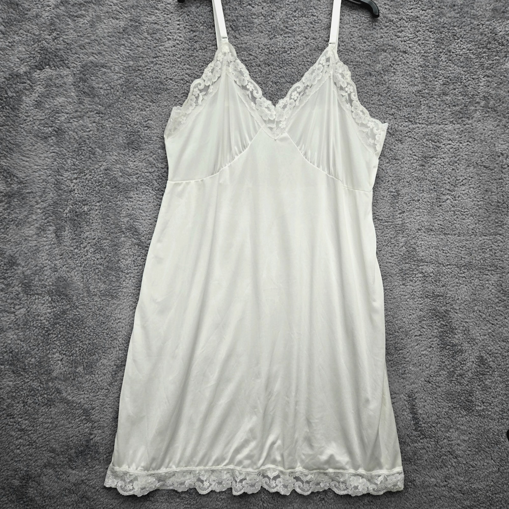 Vintage White Lace Trim Silk Feel Slip Dress Coquette Romantic 44
